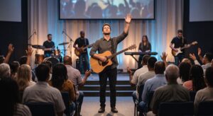 Um ministro de louvor liderando a congregação com um violão e a mão levantada durante um culto de adoração comunitária, focado na verdadeira adoração e liderança cristã.