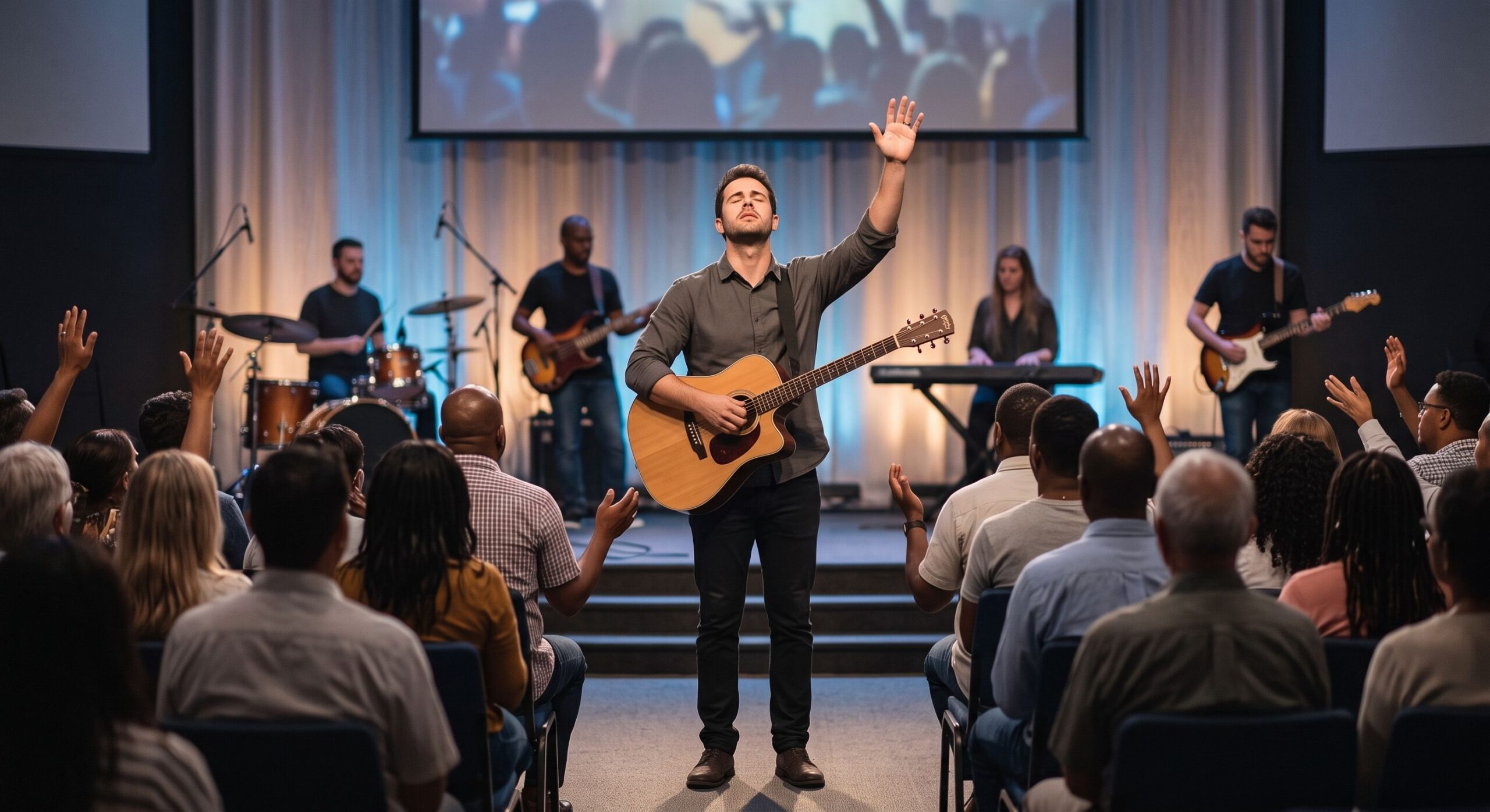 Um ministro de louvor liderando a congregação com um violão e a mão levantada durante um culto de adoração comunitária, focado na verdadeira adoração e liderança cristã.