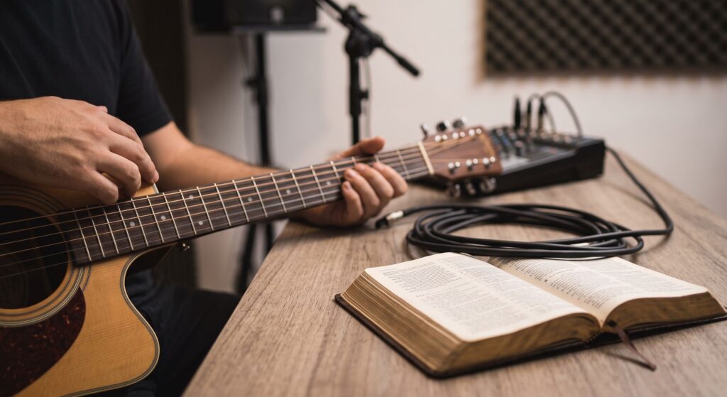 Uma Bíblia Sagrada aberta ao lado de um braço de violão e cabos de áudio sobre uma mesa, ilustrando o equilíbrio necessário entre excelência técnica e preparo espiritual para um ministro de louvor.