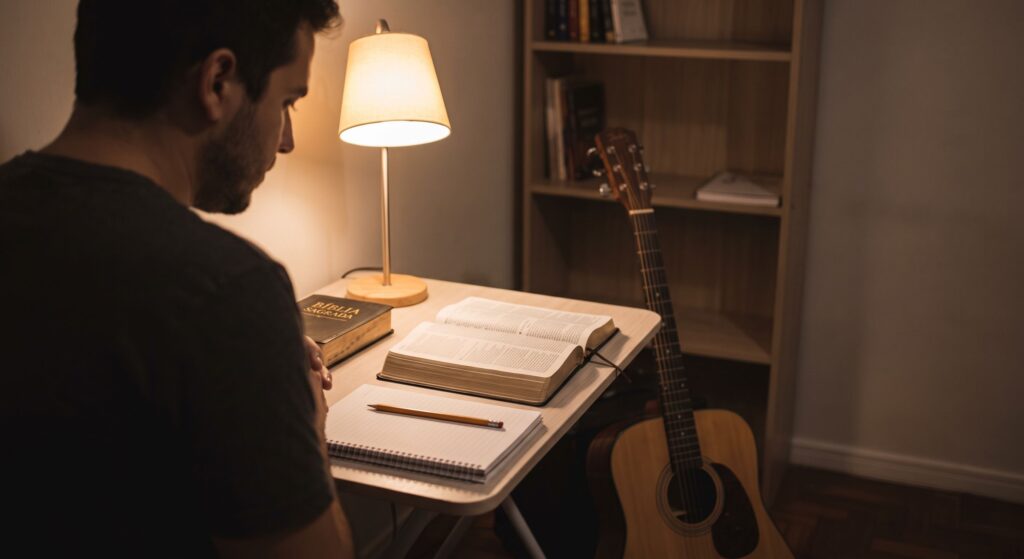 Um ministro de louvor sentado à mesa em comunhão silenciosa, com uma Bíblia Sagrada aberta e um violão ao lado, simbolizando a vida devocional e o preparo espiritual.
