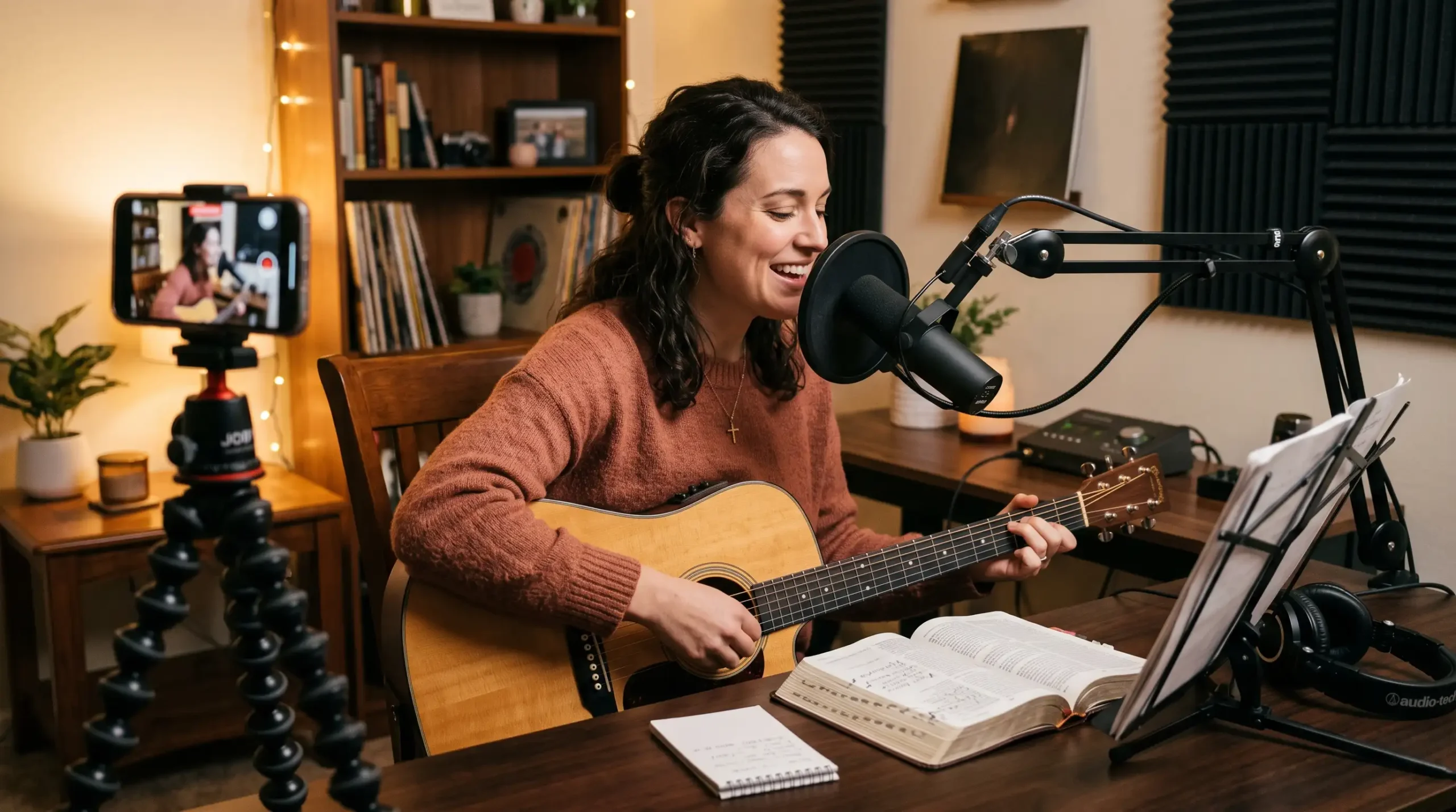 Músico gravando um cover gospel com violão e microfone em um home studio caseiro para a seção Mostre seu Talento.