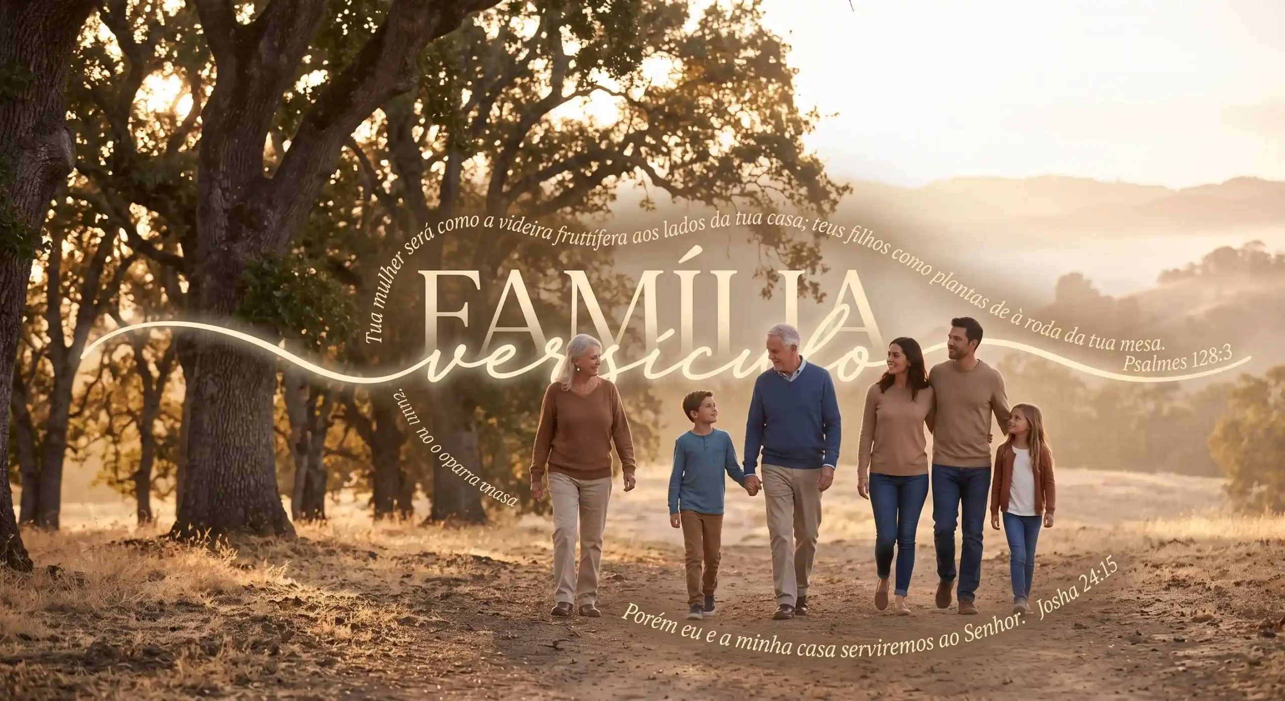família caminhando sendo guiada por versículos bíblicos